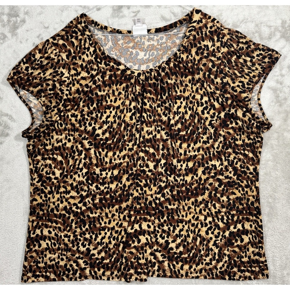 Worthington Shirt Womens Plus 3X Brown Leopard Allover Print Scoop Neck Ruched